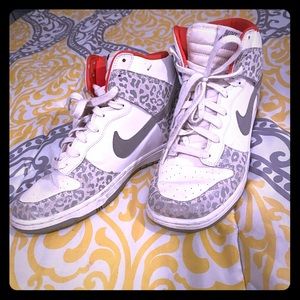 Pink white and gray cheetah print Nike dunk high